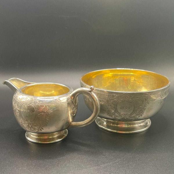 Antique Sterling Silver Milk & Sugar Set, London 1858, Figg, Gold Gilt